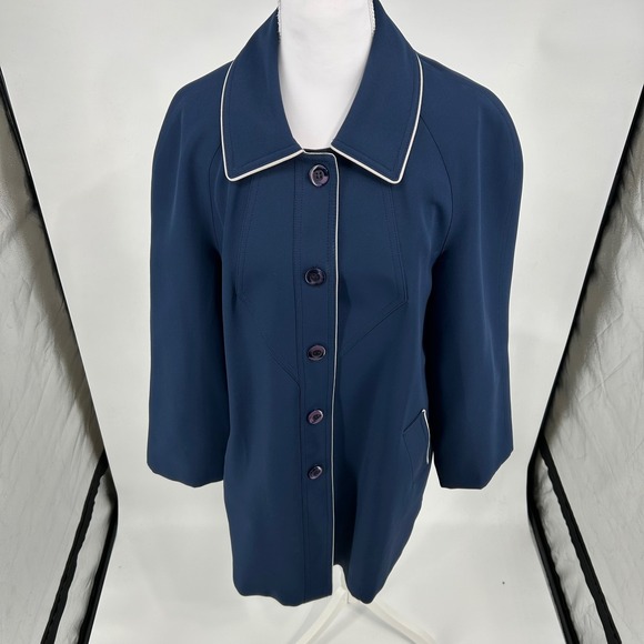 Classic Navy Blue Gray Trim Button Front Women's Trench Coat Jacket Made in USA - Picture 2 of 15